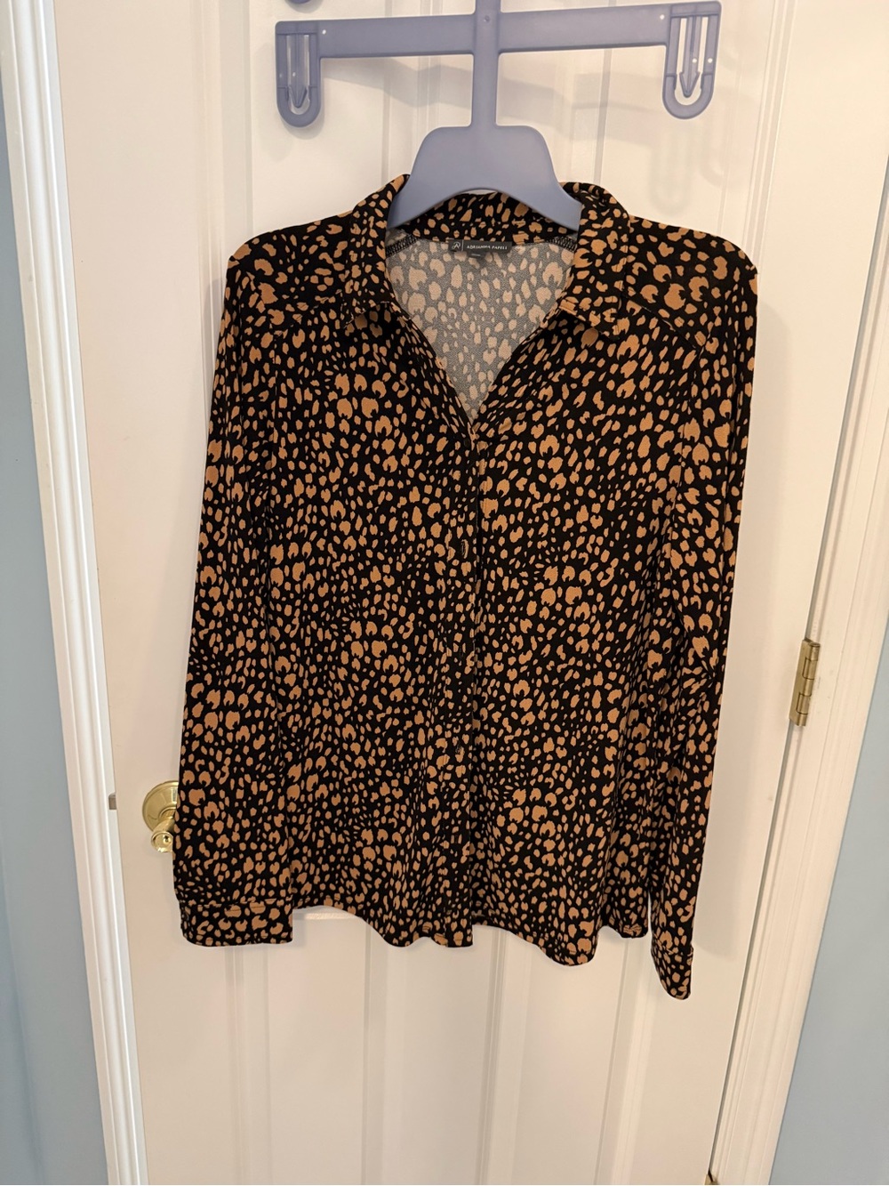 Adrianna Papell Black and Tan Printed Button-Front Blouse